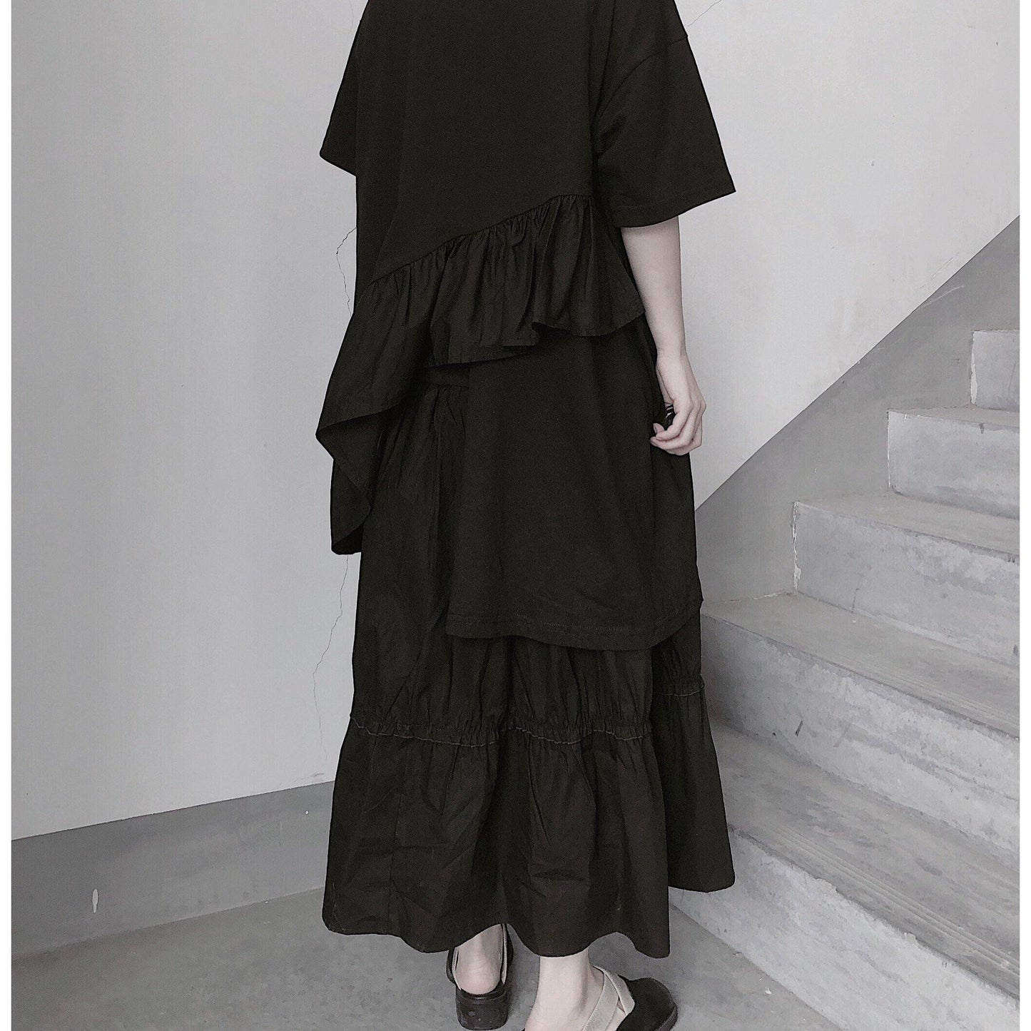 Italian O Neck Ruffles Asymmetric Tunic Top Fashion Ideas Black Blouses - SooLinen