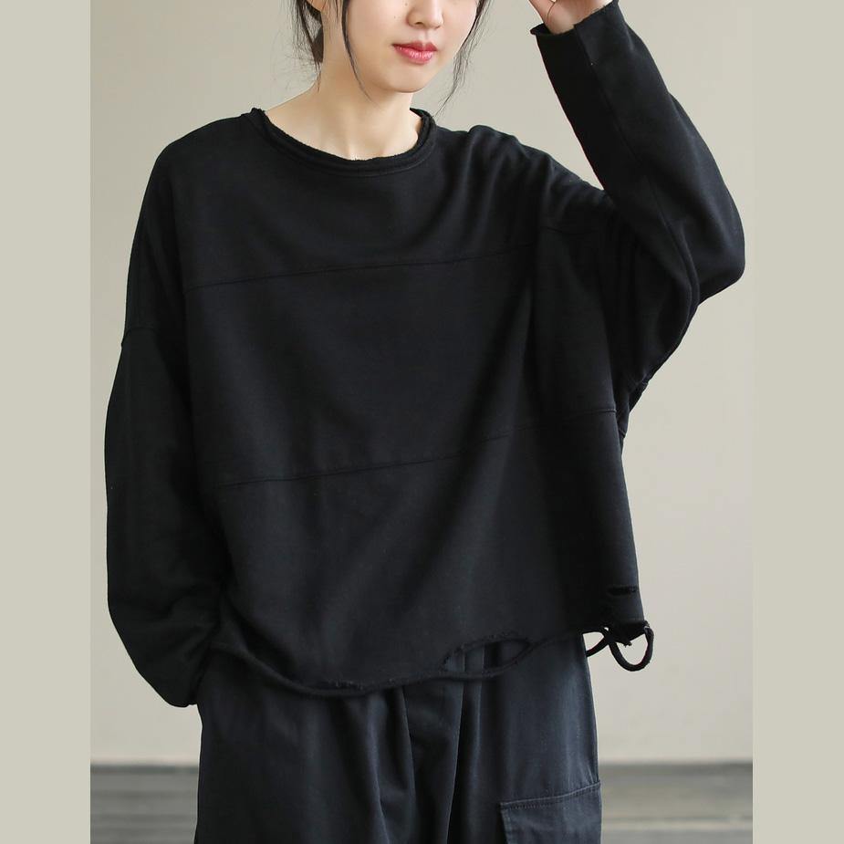 Italian O Neck cotton Spring Tunic pattern pattern Black blouse - SooLinen