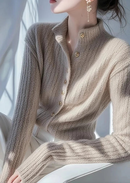 Italian Oatmeal Hign Neck Button Knit Cardigans Spring
