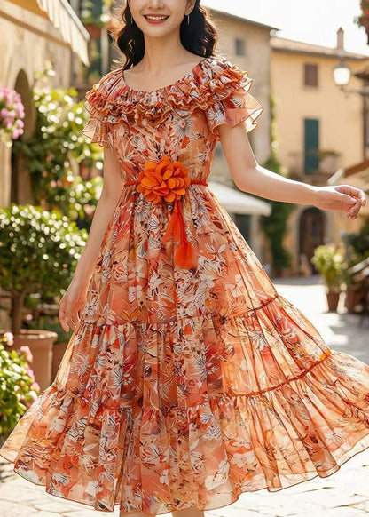 Italian Orange Ruffled Print Chiffon Vacation Dresses Summer