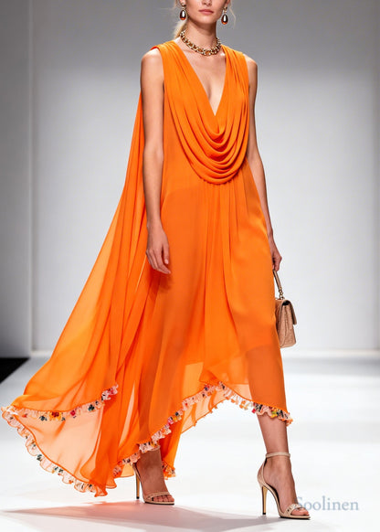 Italian Orange Turtle Neck Patchwork Flower Lace Chiffon Beach Dresses Sleeveless