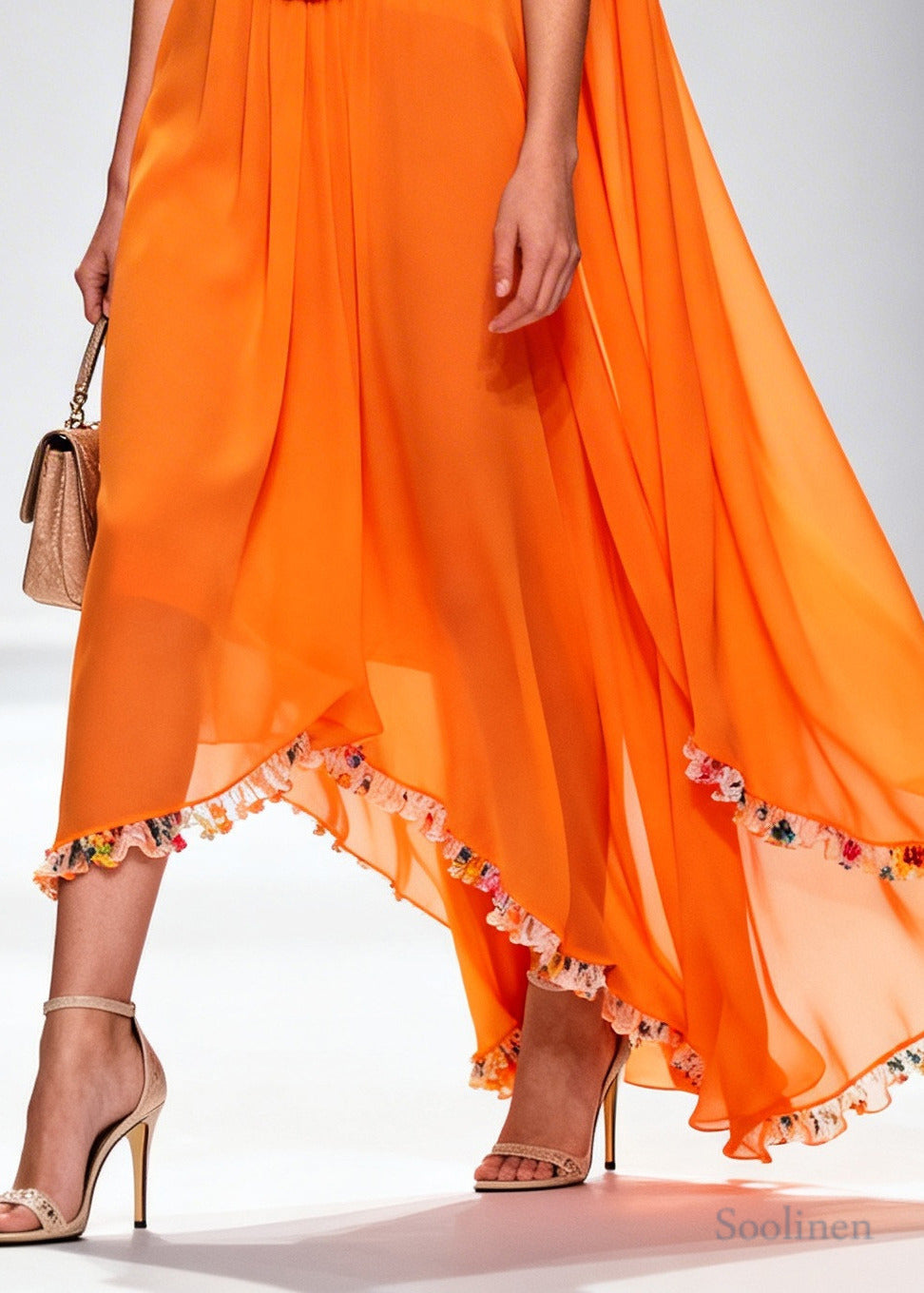 Italian Orange Turtle Neck Patchwork Flower Lace Chiffon Beach Dresses Sleeveless
