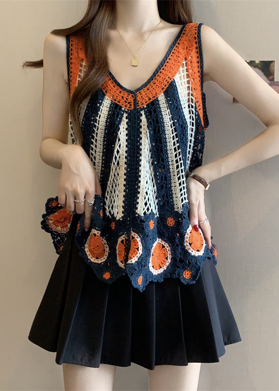 Italian Orange V Neck Knit Vests Summer