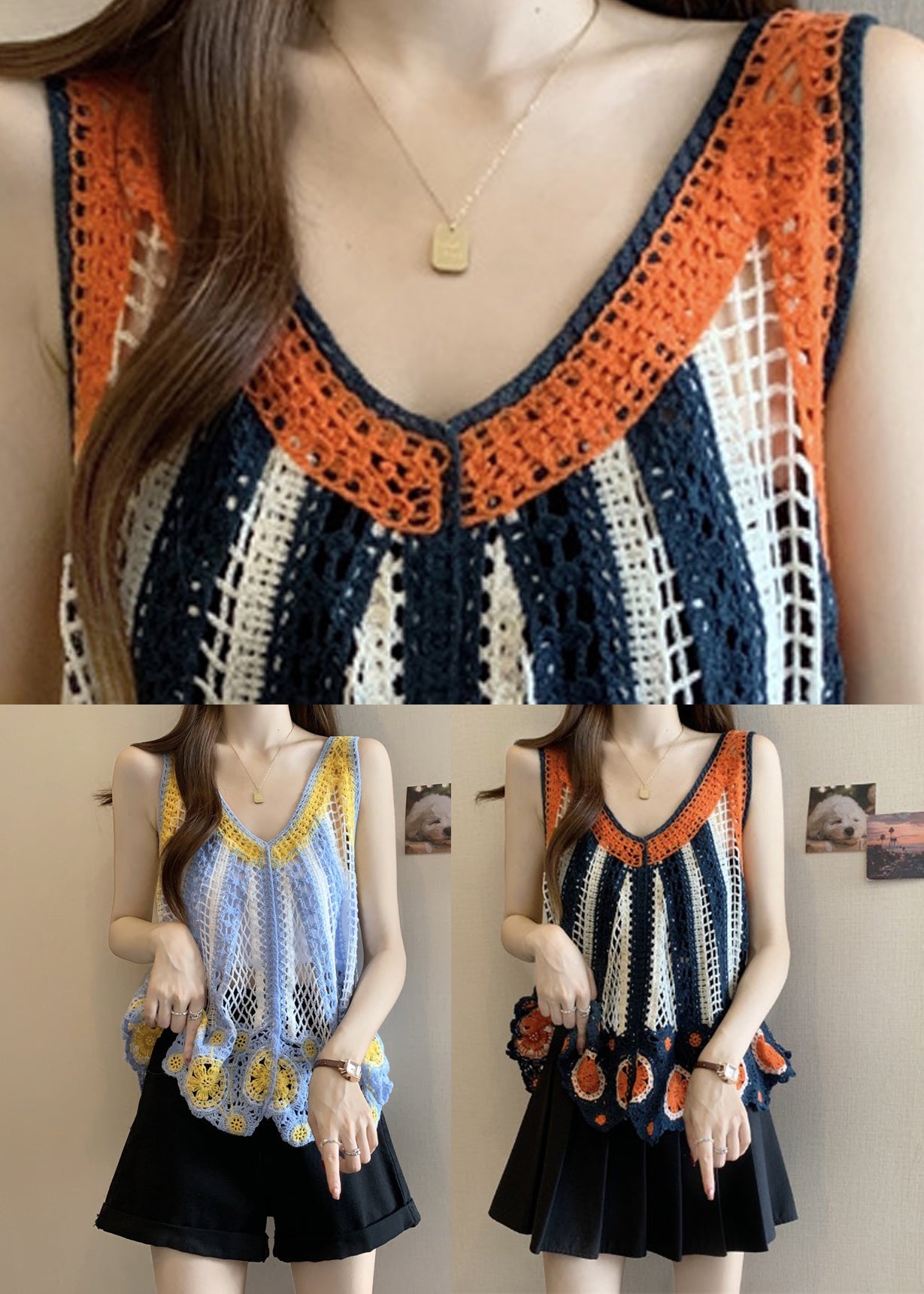 Italian Orange V Neck Knit Vests Summer