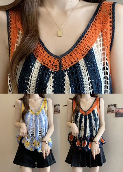 Italian Orange V Neck Knit Vests Summer