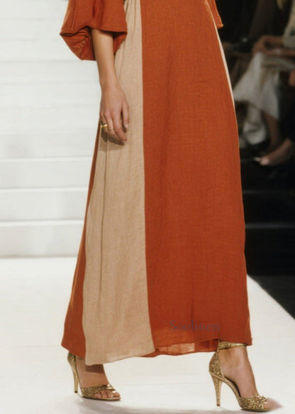 Italienisches orangefarbenes Patchwork-Baumwollkleid mit V-Ausschnitt, knöchellang, Frühling