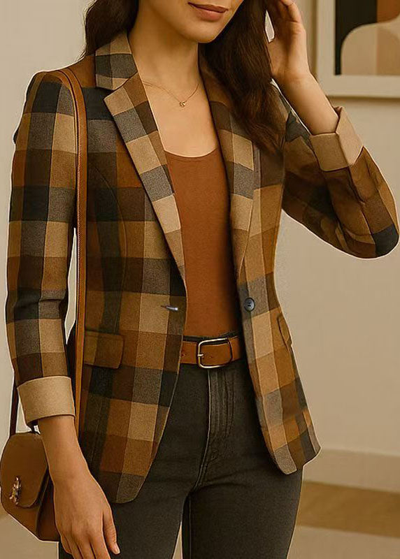 Italian Peter Pan Collar Plaid Button Blazer Jackets Coat Fall