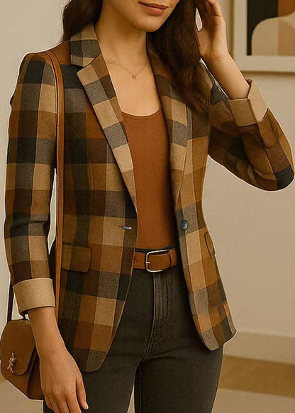 Italian Peter Pan Collar Plaid Button Blazer Jackets Coat Fall