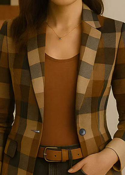 Italian Peter Pan Collar Plaid Button Blazer Jackets Coat Fall