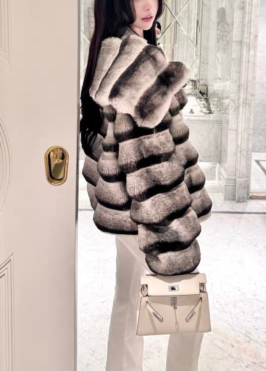 Abrigos de piel y cuero a rayas con cuello Peter Pan italiano para invierno