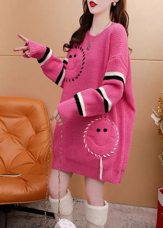 Italienisches rosa O-Ausschnitt Oversize Jacquard Strickpullover Kleid Winter