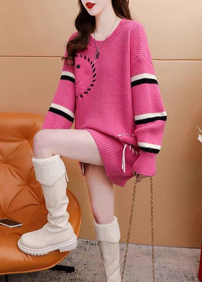 Italienisches rosa O-Ausschnitt Oversize Jacquard Strickpullover Kleid Winter