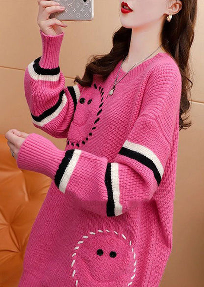 Italienisches rosa O-Ausschnitt Oversize Jacquard Strickpullover Kleid Winter