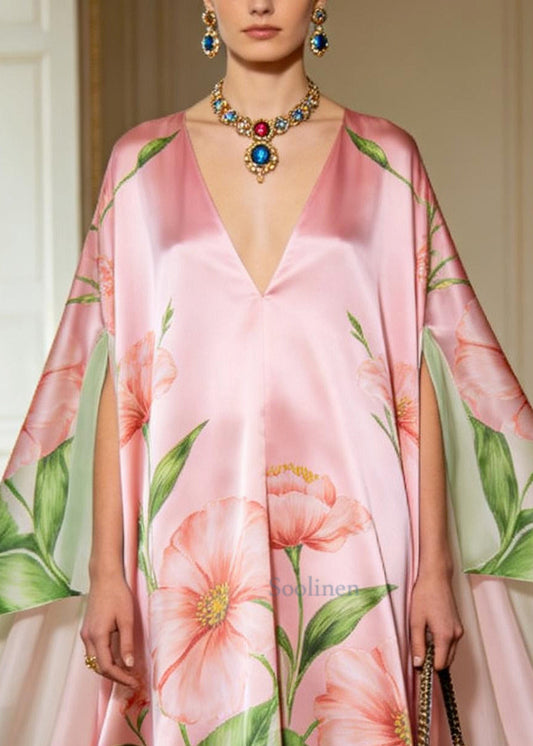 Italian Pink Oversized Exra Large Hem Silk Holiday Dress Batwing Sleeve