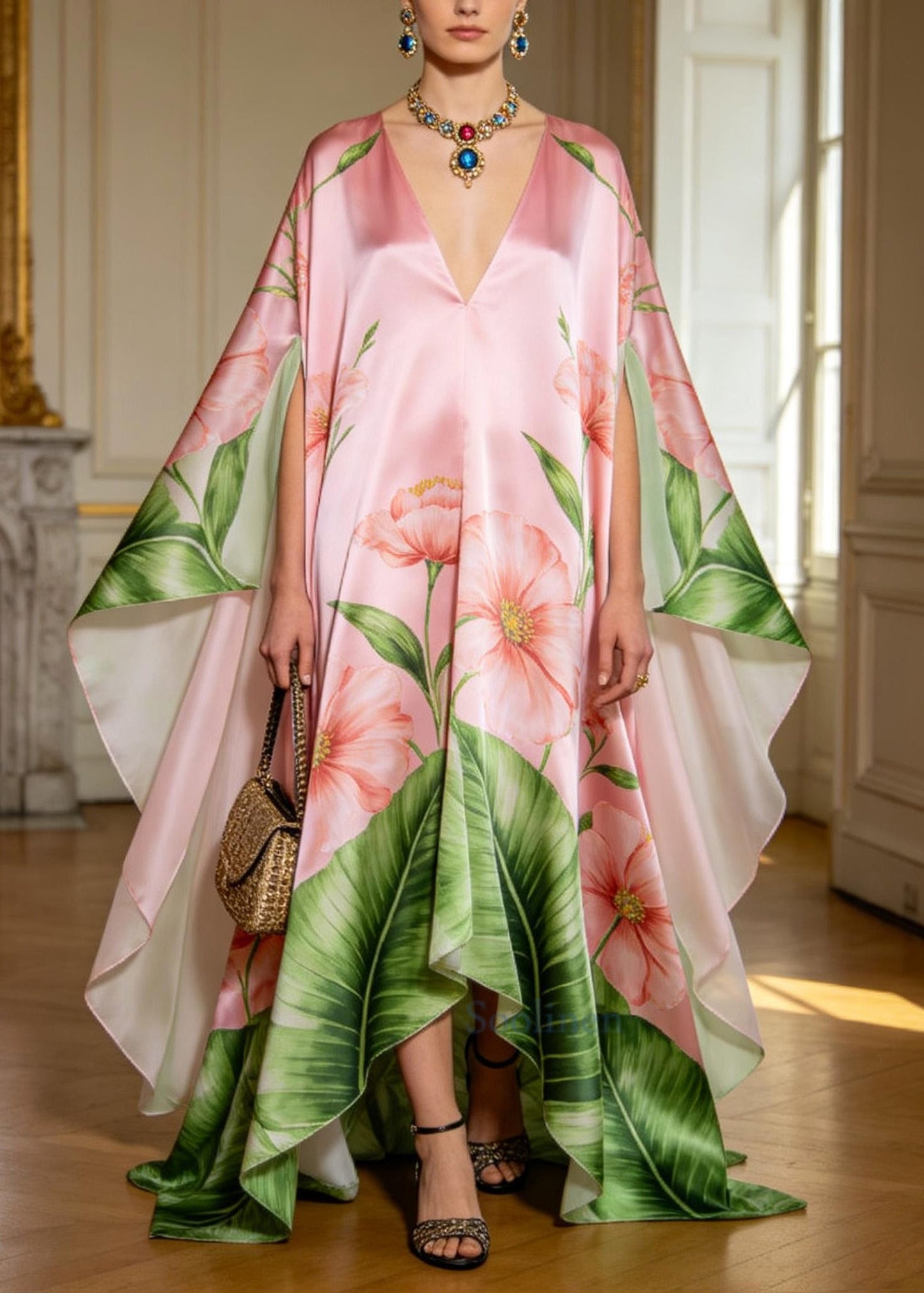 Italian Pink Oversized Exra Large Hem Silk Holiday Dress Batwing Sleeve