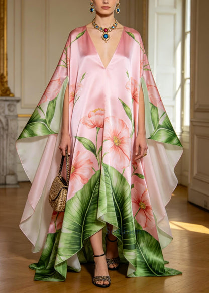 Italian Pink Oversized Exra Large Hem Silk Holiday Dress Batwing Sleeve
