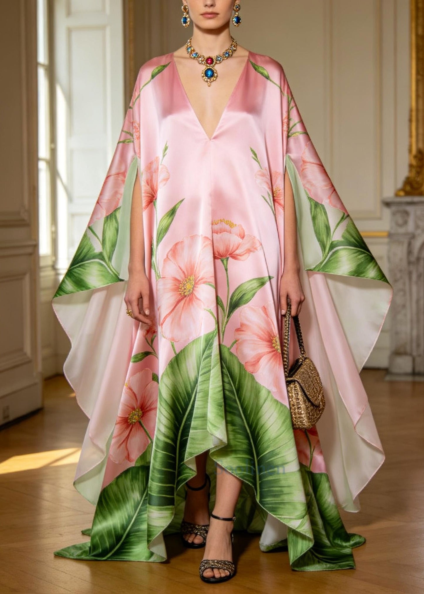 Italian Pink Oversized Exra Large Hem Silk Holiday Dress Batwing Sleeve