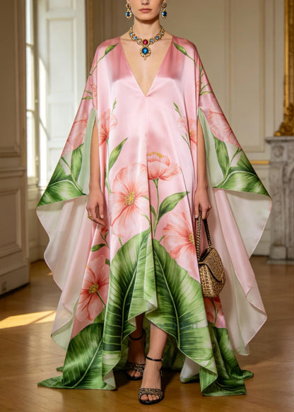 Italian Pink Oversized Exra Large Hem Silk Holiday Dress Batwing Sleeve