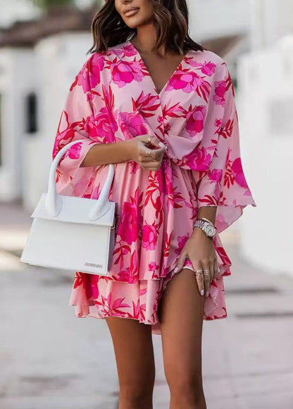 Italian Pink Print Chiffon Mini Dress Batwing Sleeve