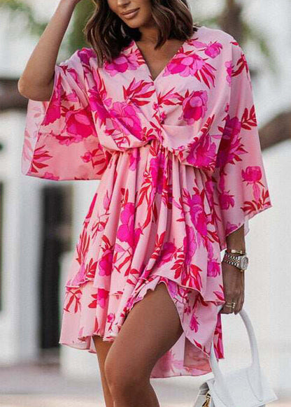 Italian Pink Print Chiffon Mini Dress Batwing Sleeve