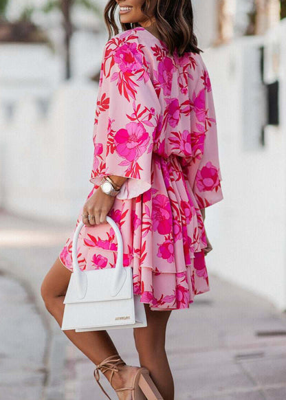 Italian Pink Print Chiffon Mini Dress Batwing Sleeve