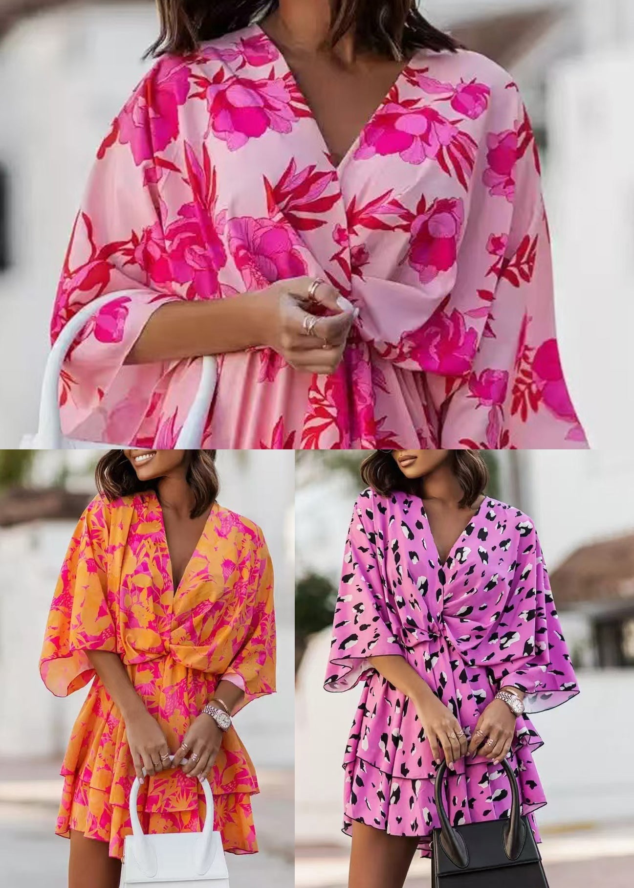 Italian Pink Print Chiffon Mini Dress Batwing Sleeve