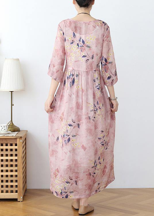Italian Pink Print Cotton Orientaltie waist Spring Dress - SooLinen