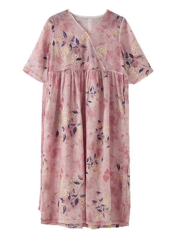 Italian Pink Print Cotton Orientaltie waist Spring Dress - SooLinen