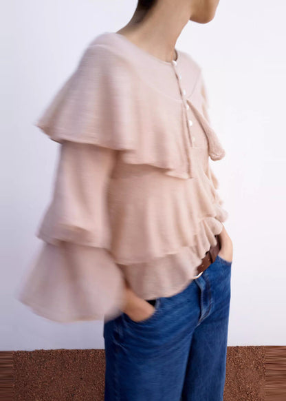 Tops cortos de punto con volantes rosas italianos de primavera