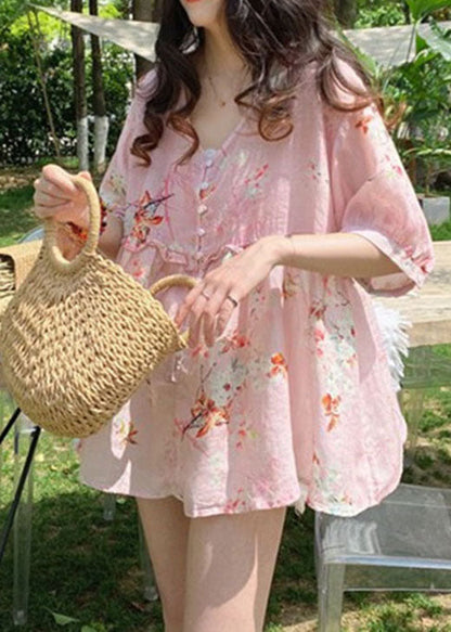 Italienische rosa Blusen mit Rüschendruck und halben Ärmeln