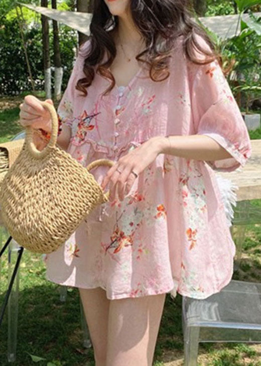 Italienische rosa Blusen mit Rüschendruck und halben Ärmeln