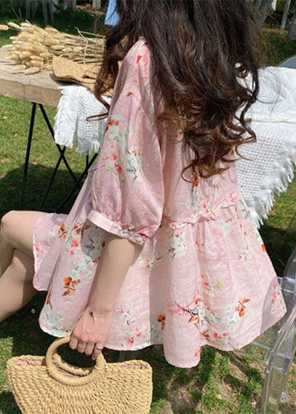 Italienische rosa Blusen mit Rüschendruck und halben Ärmeln