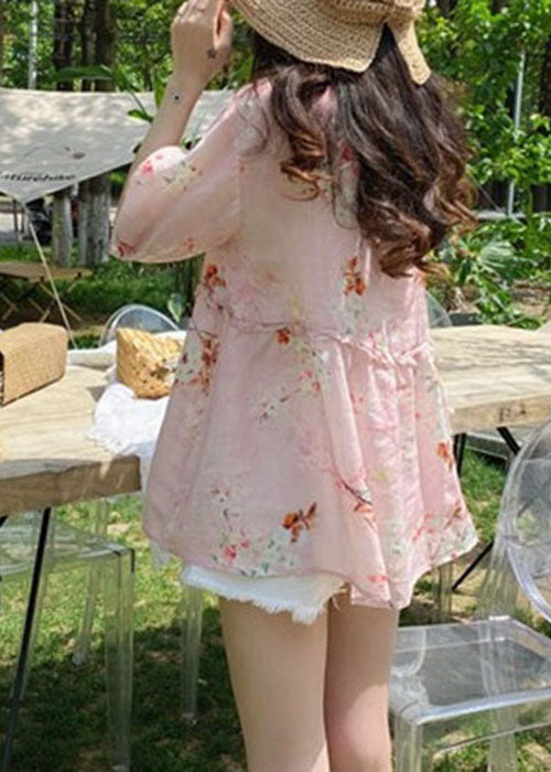 Italienische rosa Blusen mit Rüschendruck und halben Ärmeln