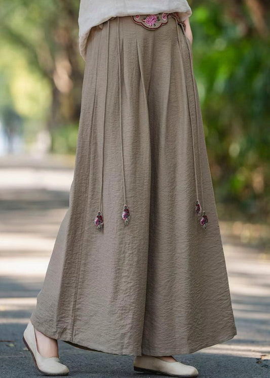 Italienische rosa Leinenhose mit Quasten und Stickerei, gerade geschnitten, Frühling