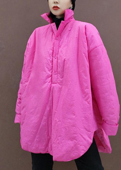 Italian Pink Tunic Top Stand Collar Low High Design Plus Size Clothing Spring Blouse - SooLinen