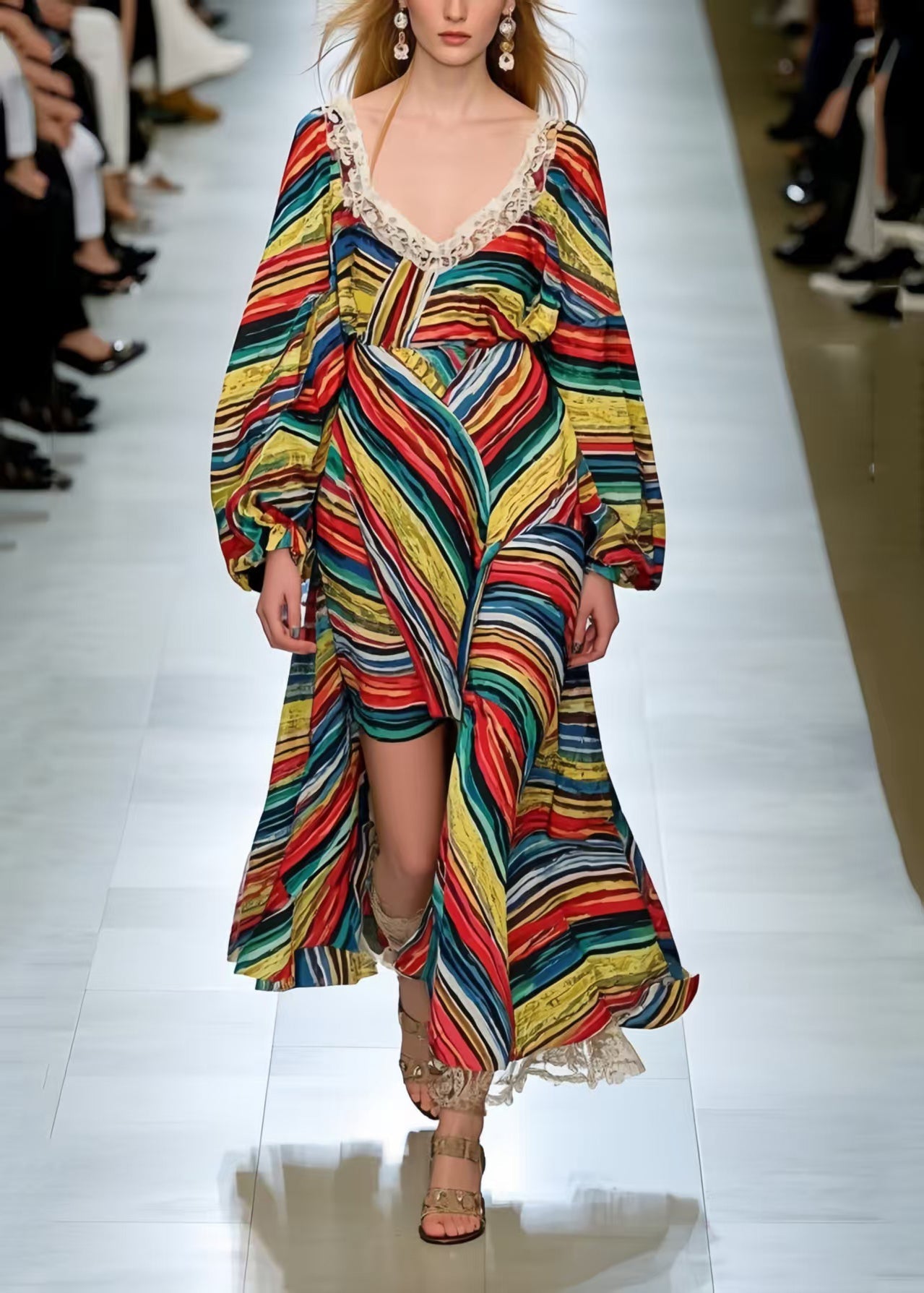 Italian Polychrome Asymmetrical Striped Chiffon Robe Dresses Spring
