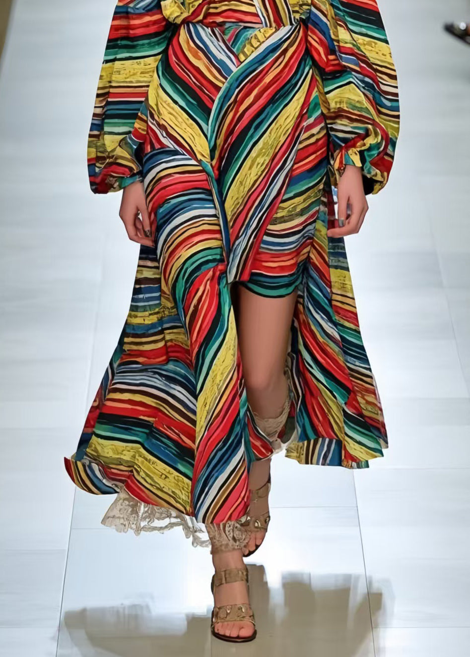 Italian Polychrome Asymmetrical Striped Chiffon Robe Dresses Spring