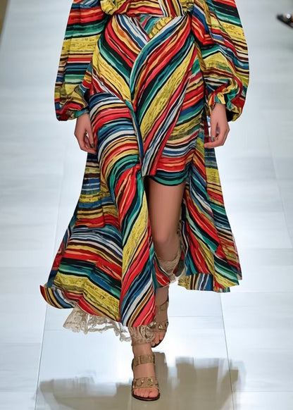 Italian Polychrome Asymmetrical Striped Chiffon Robe Dresses Spring
