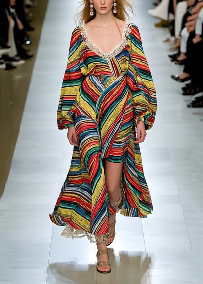 Italian Polychrome Asymmetrical Striped Chiffon Robe Dresses Spring