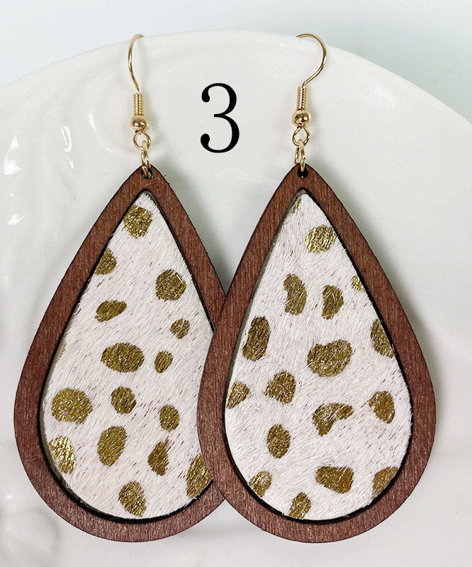 Italienischer Druck Tropfenform Holzmaterial Echtes Rindsleder Haar Leder Silber Ohrringe Ornamente