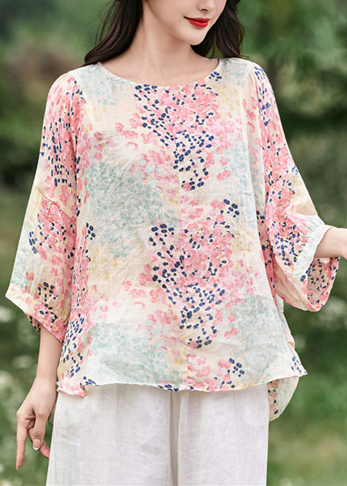 Italian Print Ruffled Lace Up Linen Shirt Bracelet Sleeve