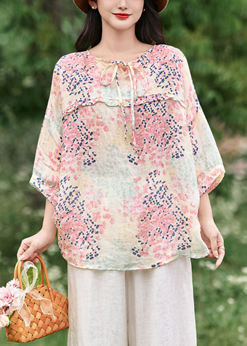 Italian Print Ruffled Lace Up Linen Shirt Bracelet Sleeve