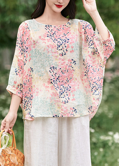 Italian Print Ruffled Lace Up Linen Shirt Bracelet Sleeve