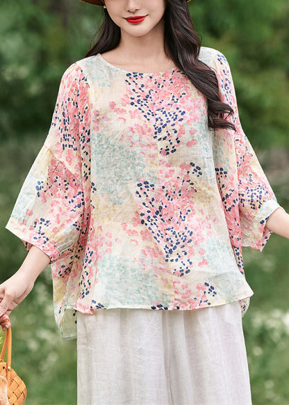 Italian Print Ruffled Lace Up Linen Shirt Bracelet Sleeve