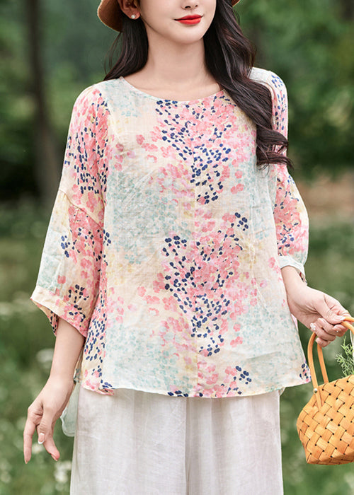 Italian Print Ruffled Lace Up Linen Shirt Bracelet Sleeve