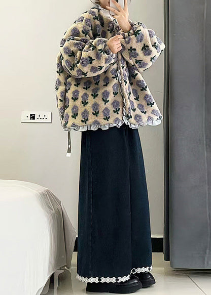 Italian Print Ruffled Patchwork Mink Velvet Coats And Wide Leg Pants Two Pieces Set Winter