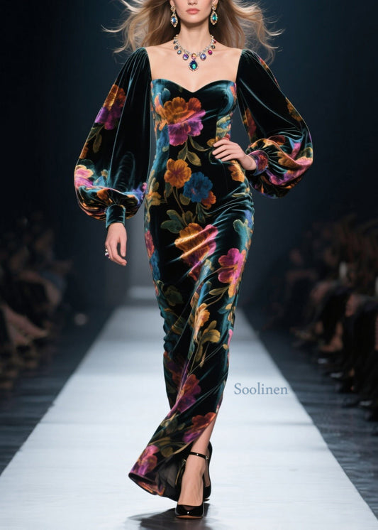 Vestidos largos de terciopelo con abertura lateral y estampado italiano y mangas farol