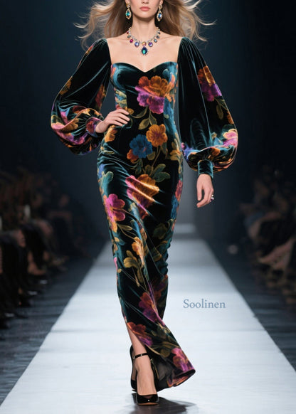 Vestidos largos de terciopelo con abertura lateral y estampado italiano y mangas farol