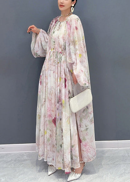 Italian Print Wrinkled Side Open Chiffon Long Dresses Puff Sleeve
