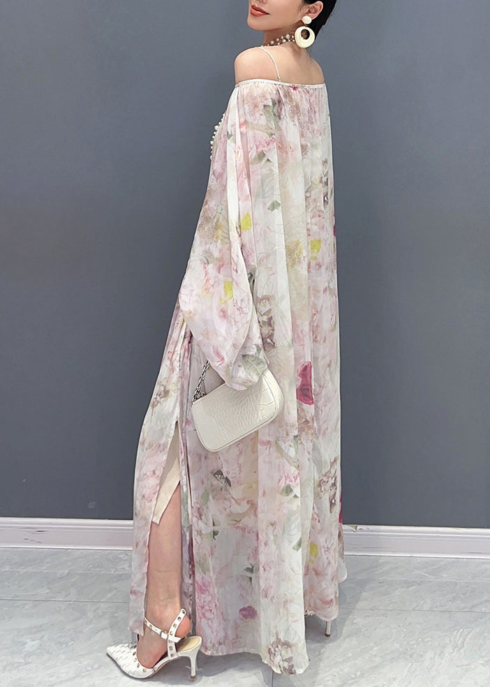 Italian Print Wrinkled Side Open Chiffon Long Dresses Puff Sleeve